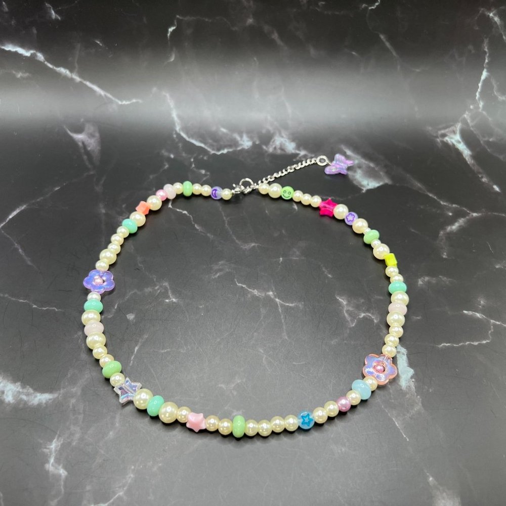 Pearls And Pastels Beaded Choker Necklace - Stars And Butterflies